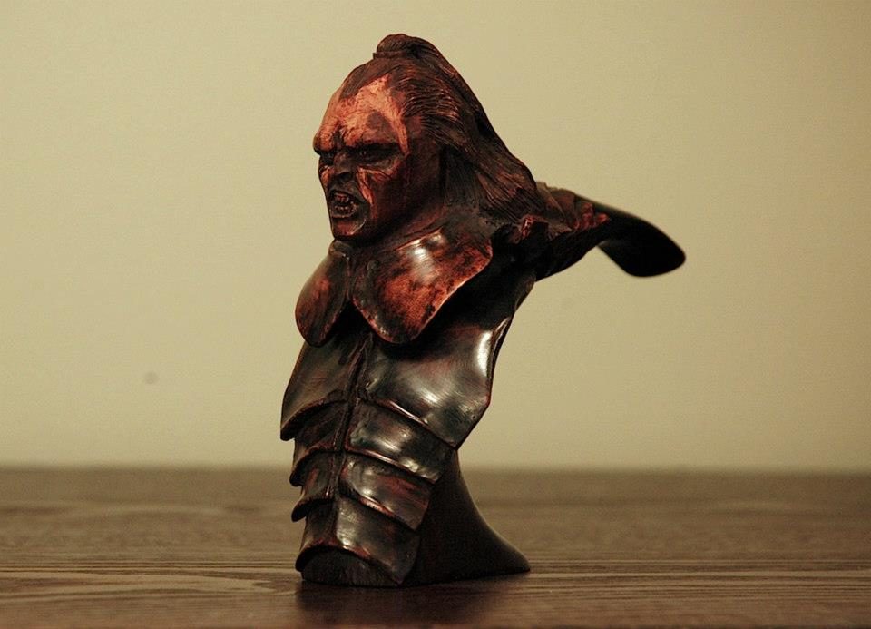 Hand-carved wooden bust by J Drake Customs